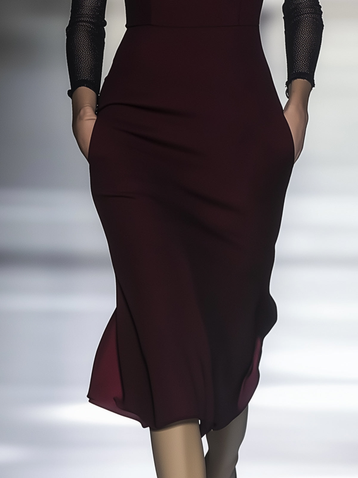 Burgundy Dress With Black Mesh Neckline And Long Sleeves