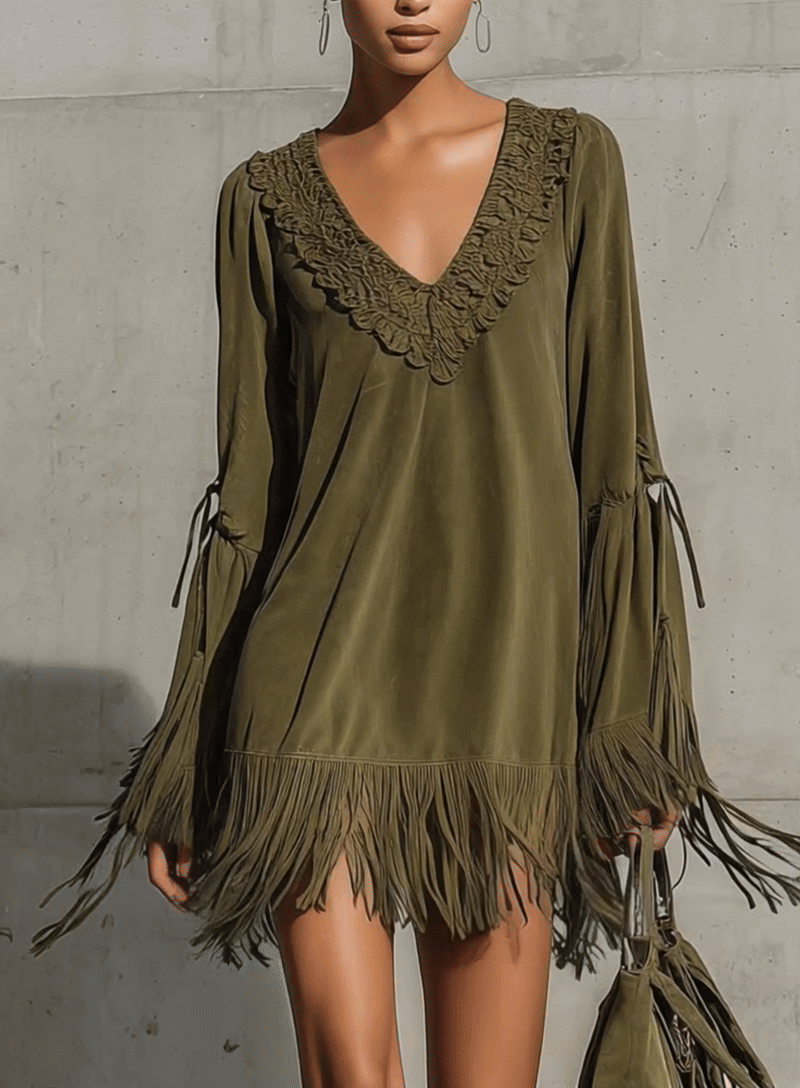 Olive Green Faux Suede Lace Trim Tassel Mini Dress