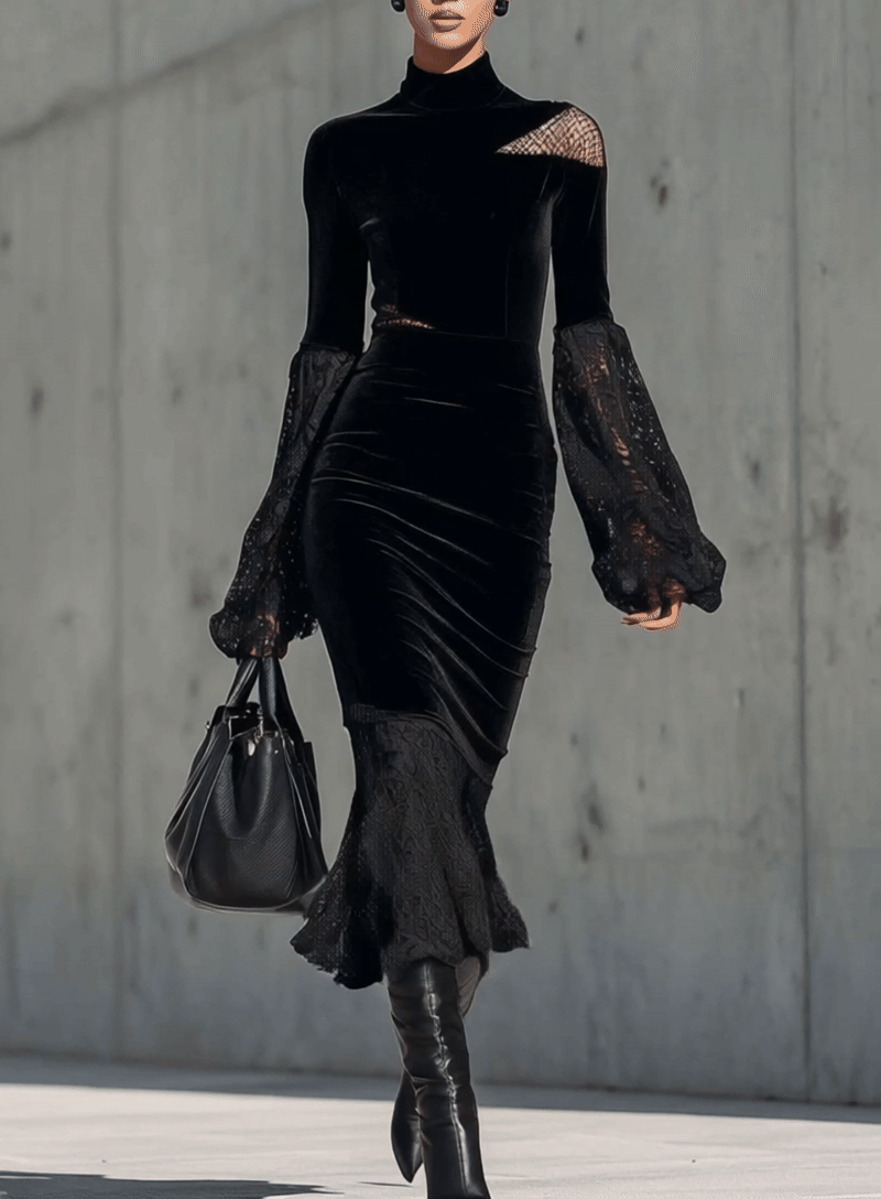 Black Velvet Lace Patchwork Mesh Bodycon Dress