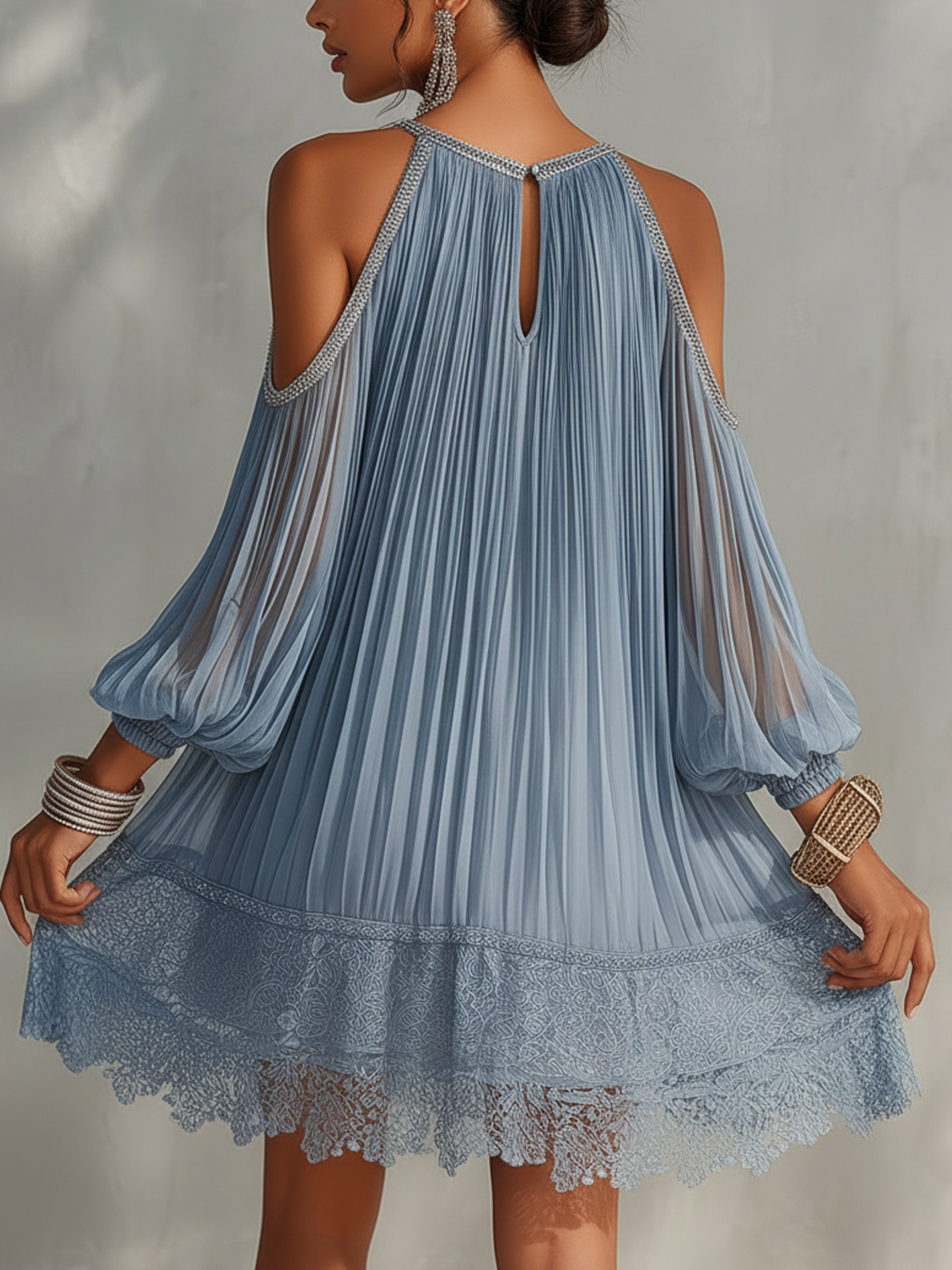 Sky Blue Sparkle Trim Lace Cold Shoulder Pleated Mini Dress