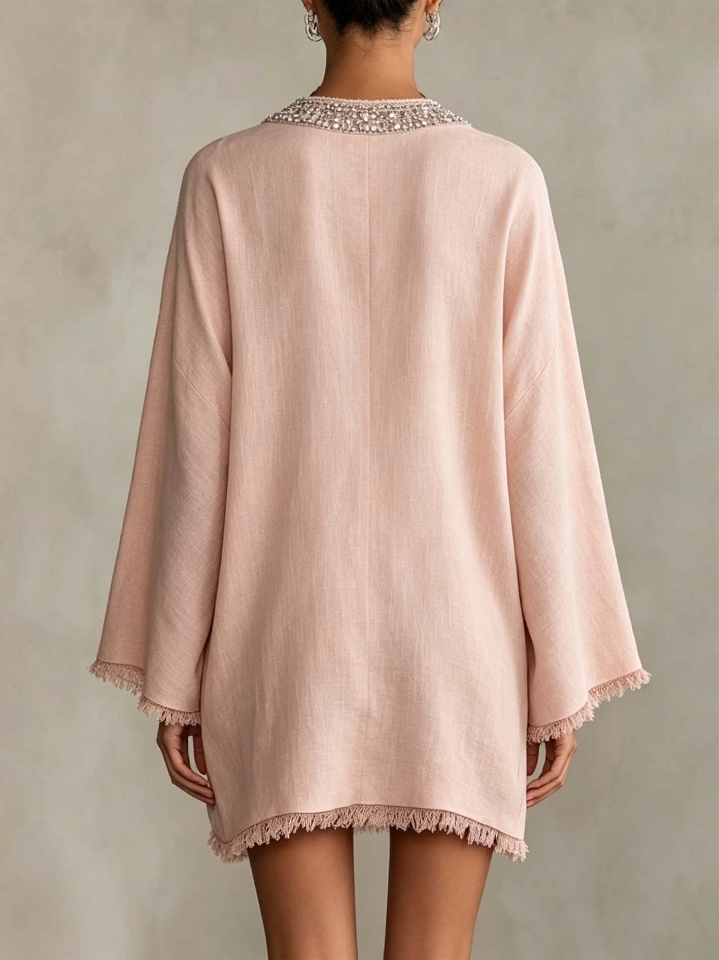 Blush Pink Linen Mini Dress With Rhinestone Trim And Fringe Hem