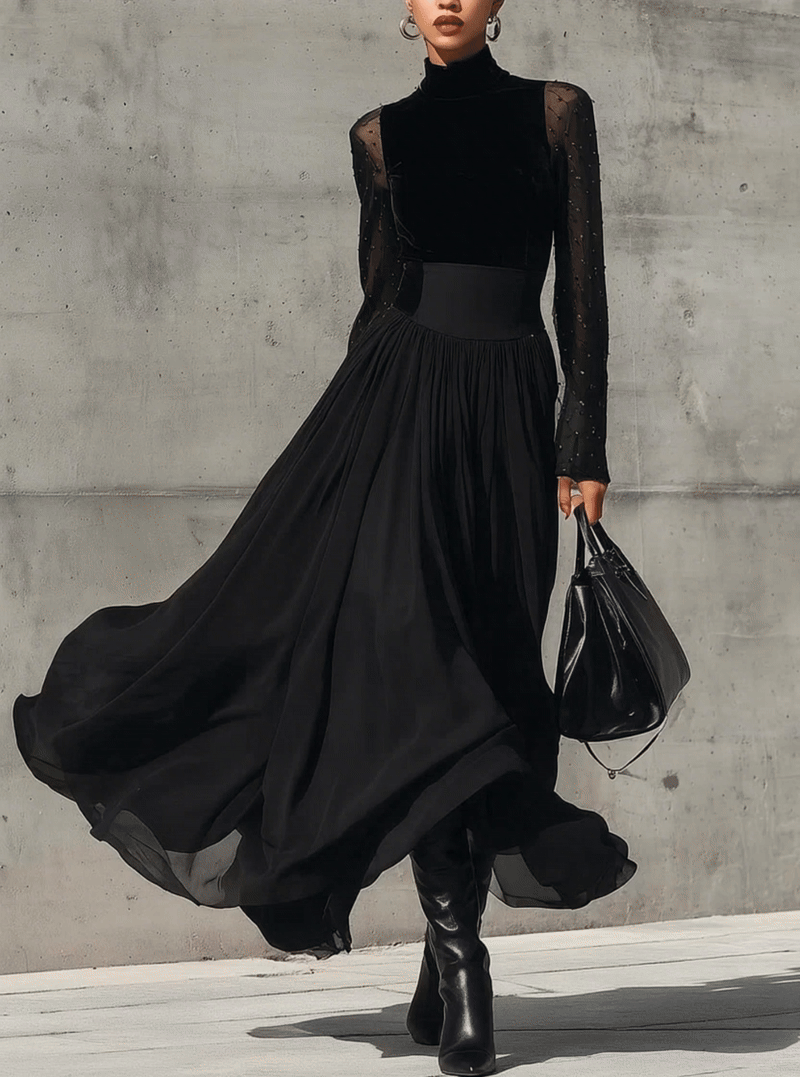 Black Velvet Panel Beaded Mesh Maxi Dress