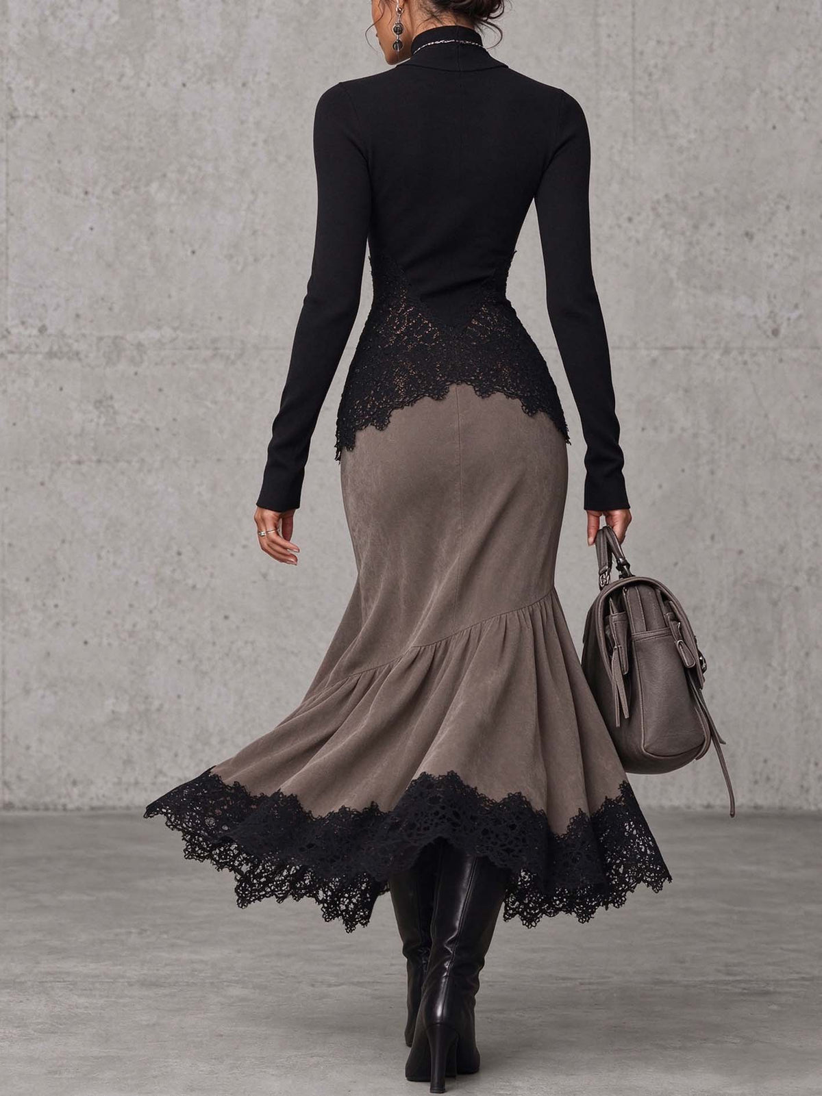 Black Lace Peplum Top And Brown Faux Suede Mermaid Maxi Skirt Set