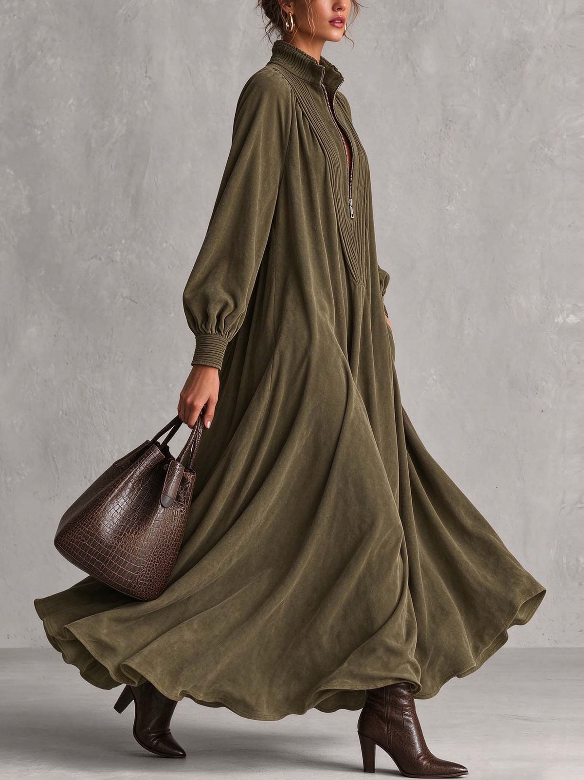 Olive Green Faux Suede Maxi Dress With Pintucked Zip Placket And Full Flared Skirt