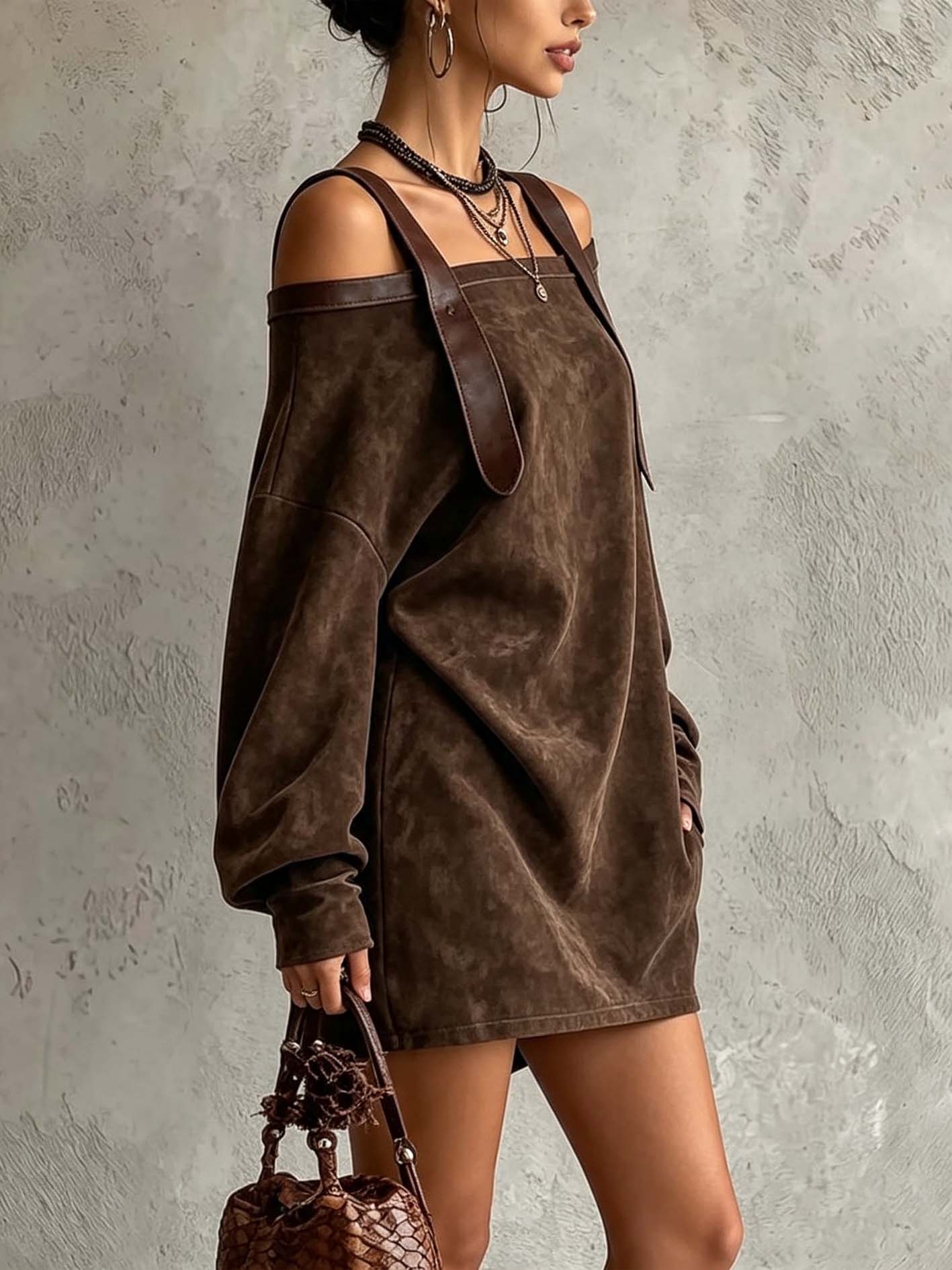 Chocolate Brown Faux Suede Cold Shoulder Mini Dress With Strap Detail
