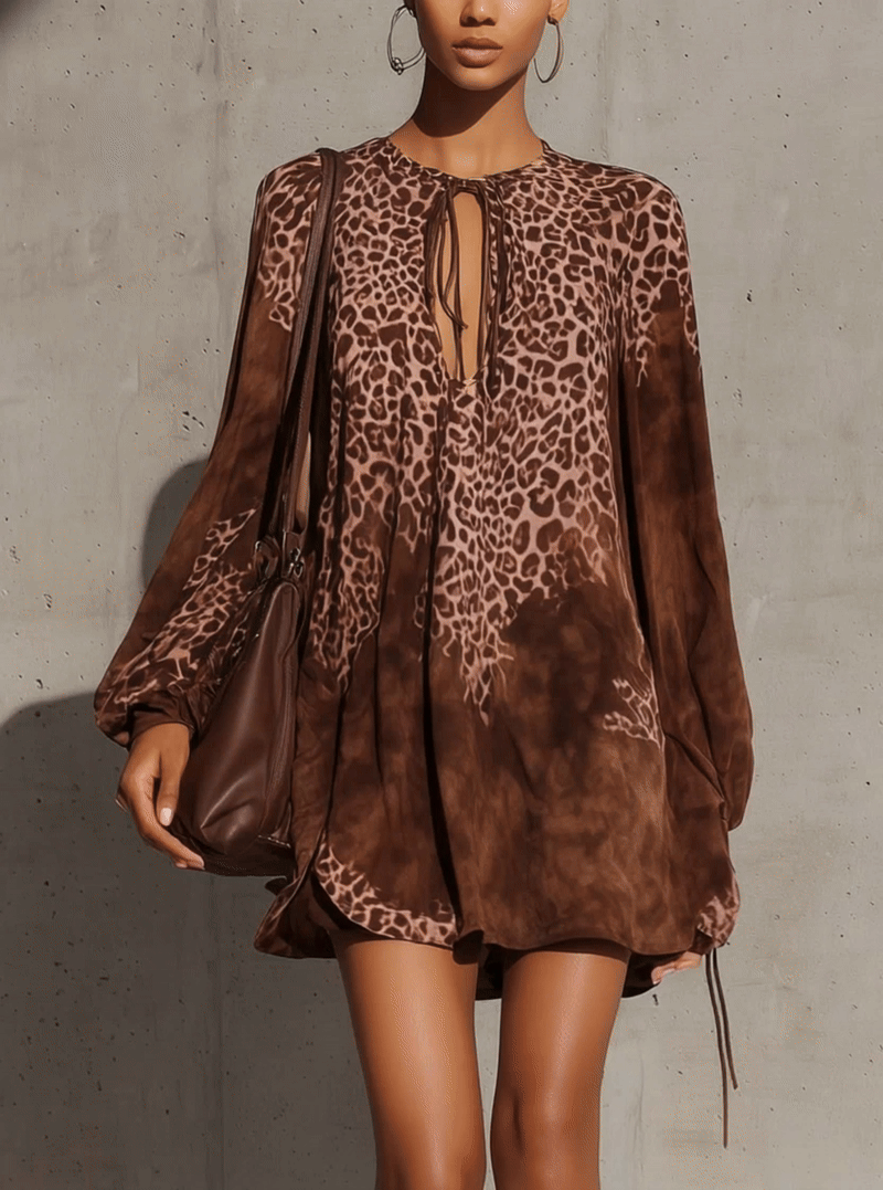 Gradient Leopard Print Brown Faux Suede Mini Dress