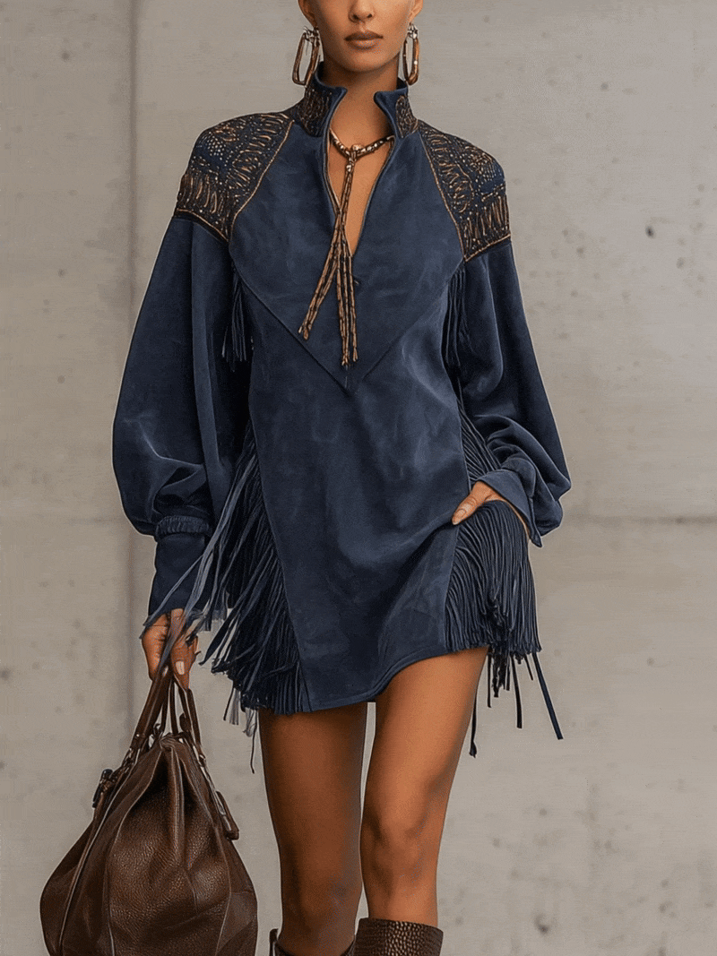 Indigo Faux Suede Embroidered Tassel Stand Up Collar Mini Dress
