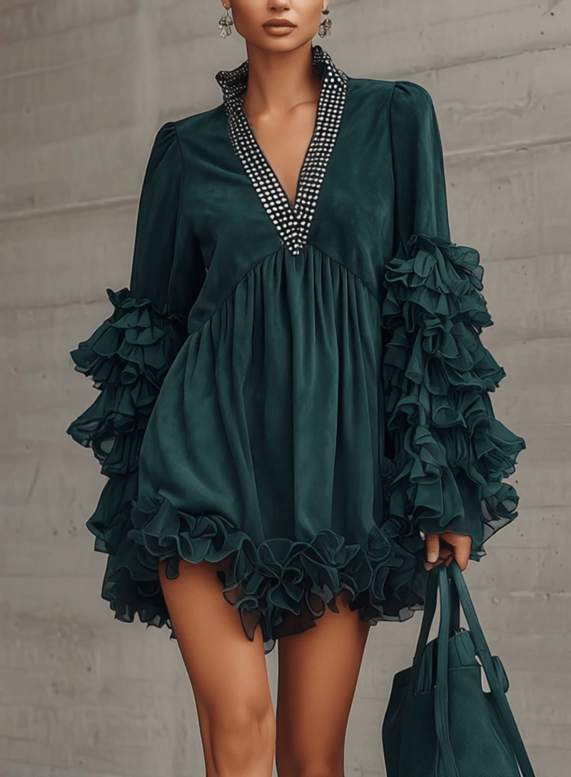 Deep Green Faux Suede Ruffle Mini Dress With Beaded V-Neck