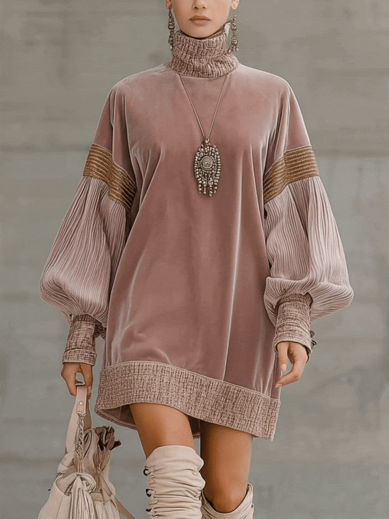 Light Pink Velvet And Corduroy High Neck Loose Mini Dress