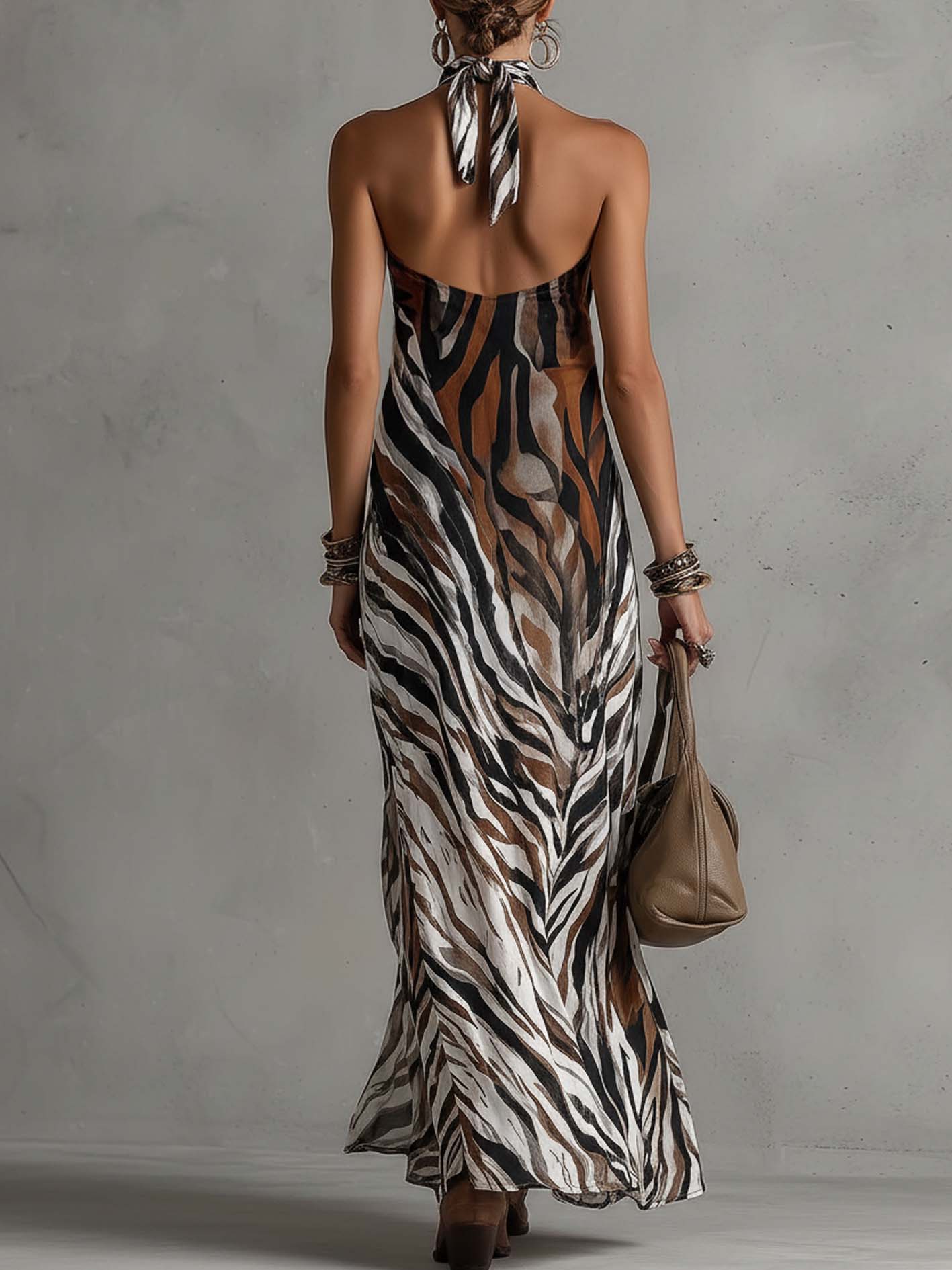 Multicolor Zebra Print Halter Neck Sleeveless Maxi Dress