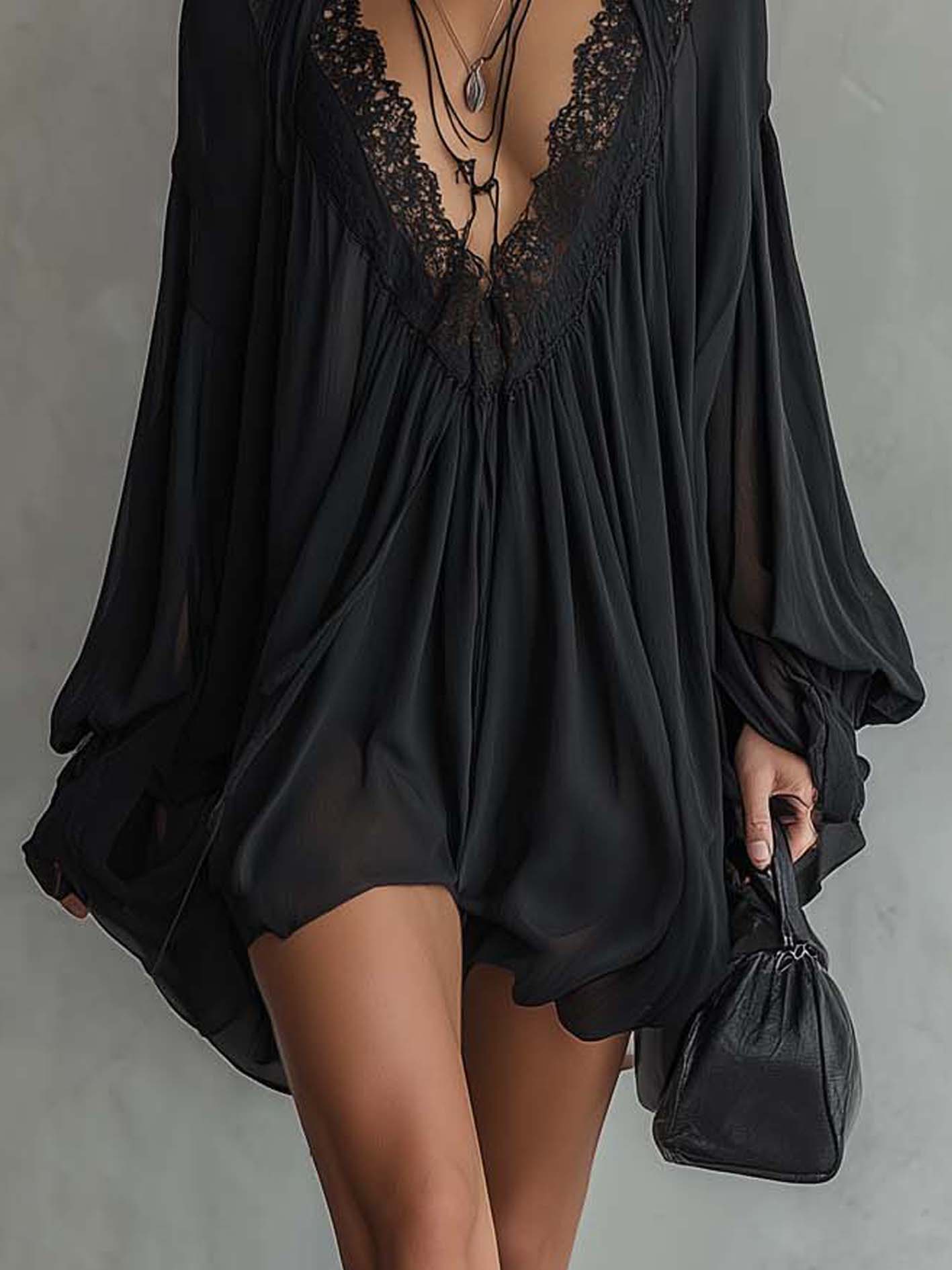 Black Chiffon Halter Mini Dress With Lace Neckline