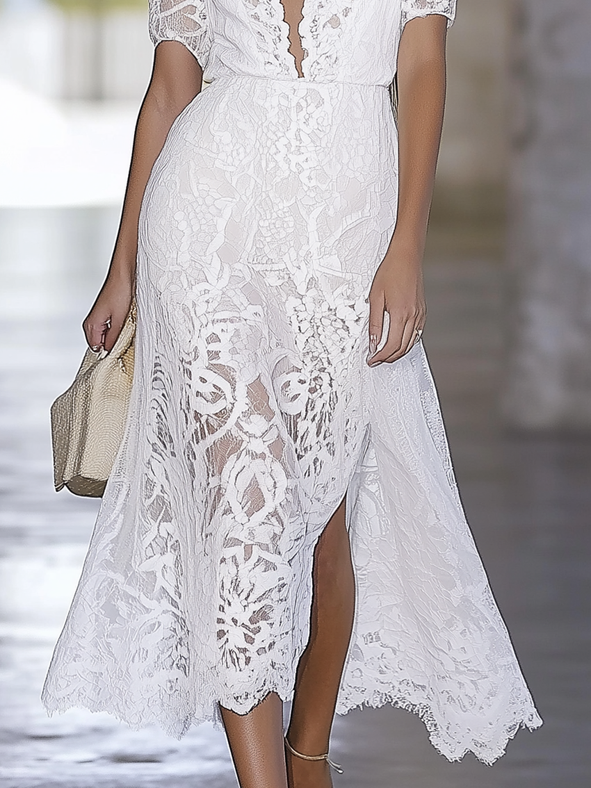 V-neck White Lace Maxi Dress With Split