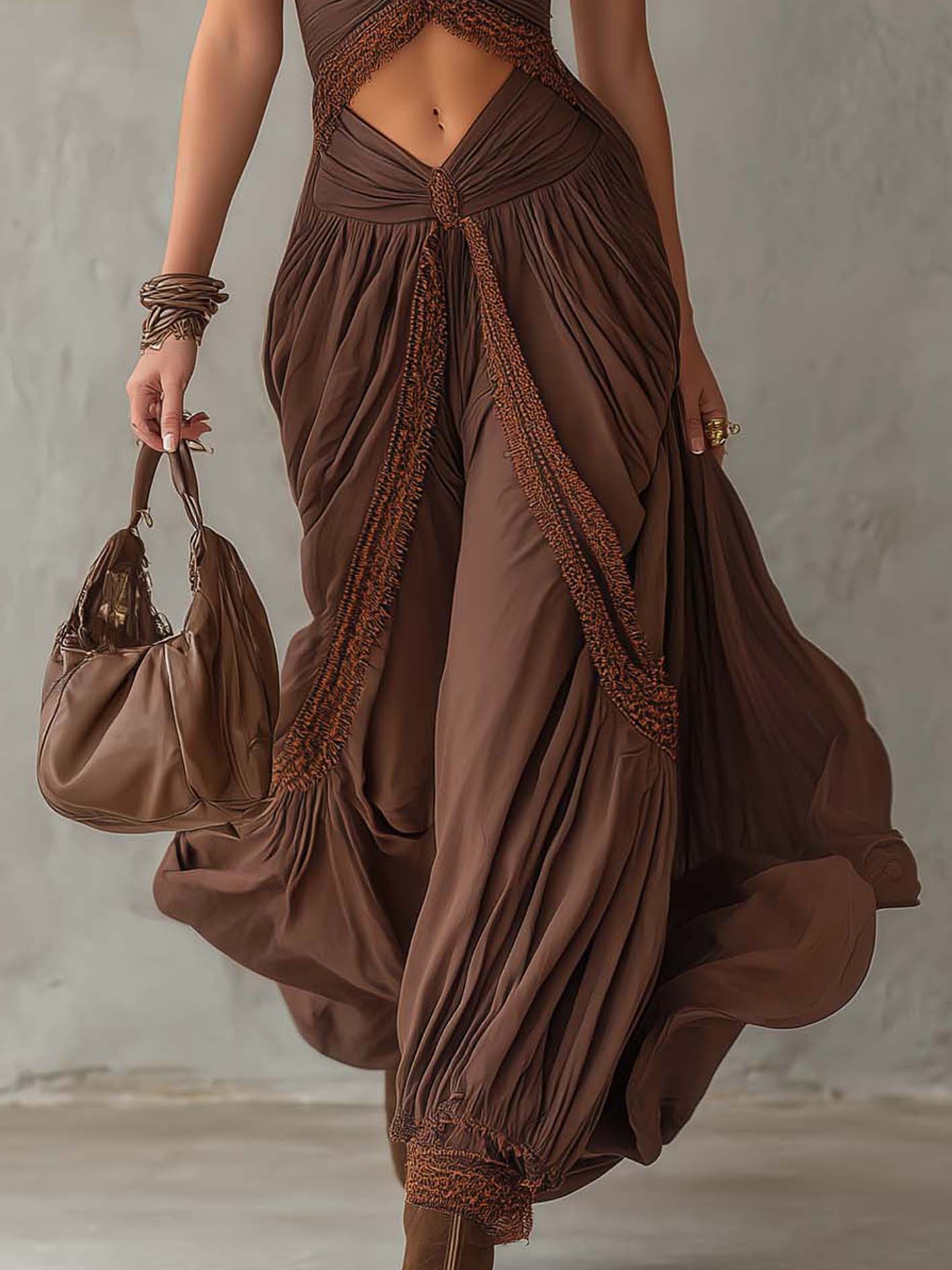 Brown Patchwork Hollow Out Maxi Dress With Trim Detail