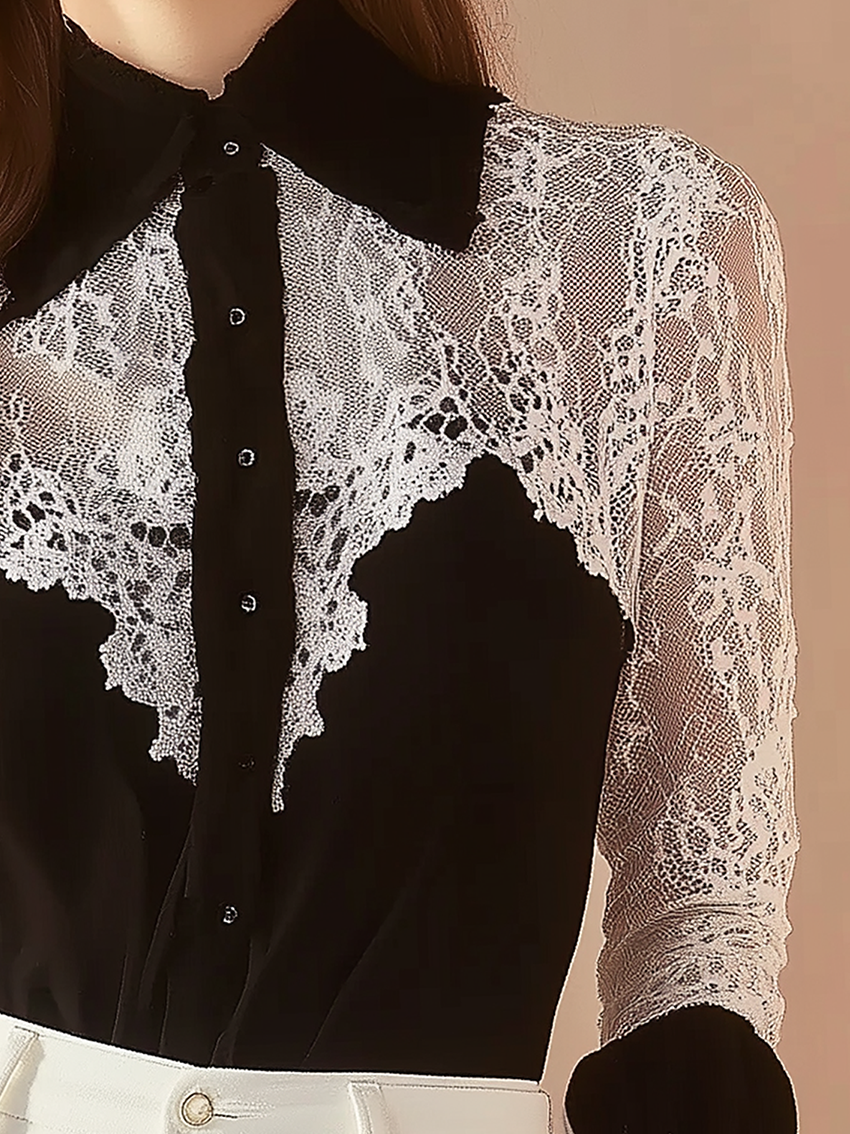 Black Chiffon Blouse With Neckline And Sleeves Stitching White Lace