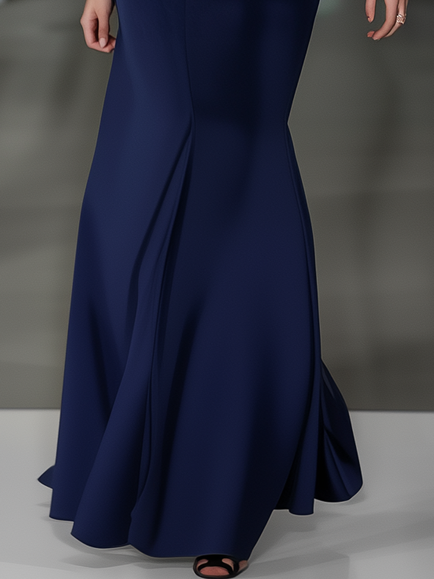 Mesh Stitching Dark Blue Maxi Dress With Flower Embroidery