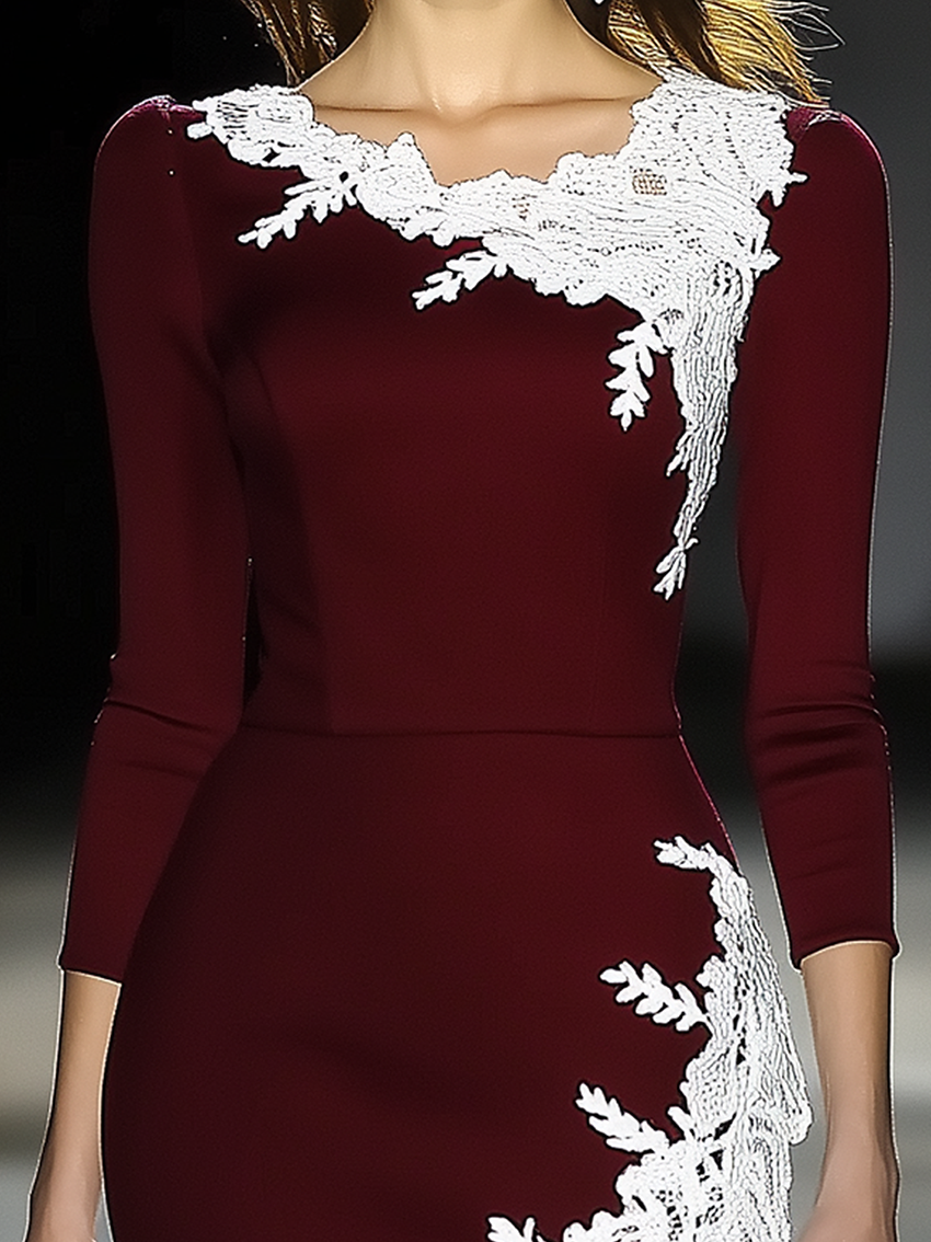 Burgundy Midi Bodycon Dress With White Lace Trim At Neckline And Bottom