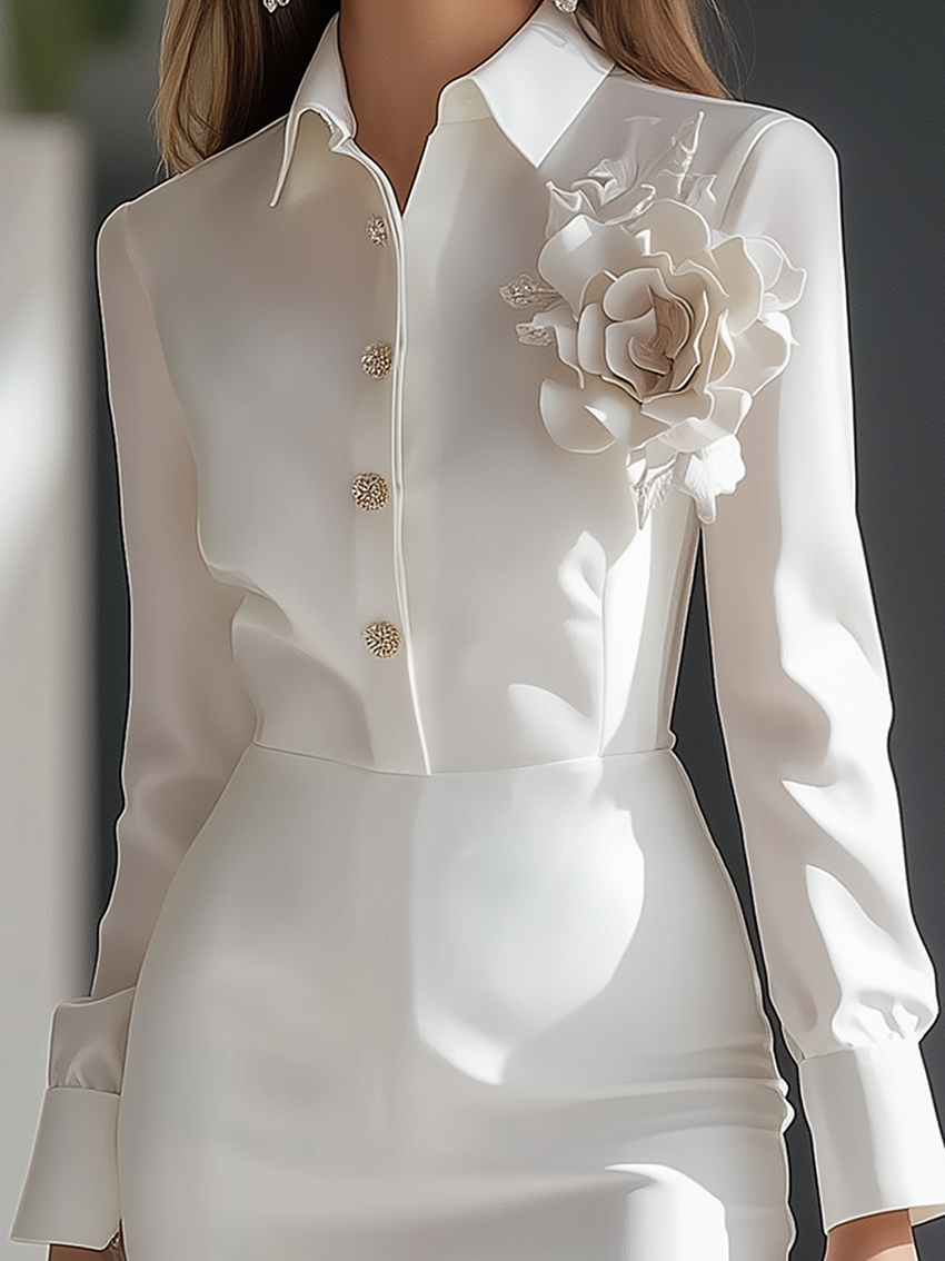 White Midi Shirt Dress With 3D Flower Decoration