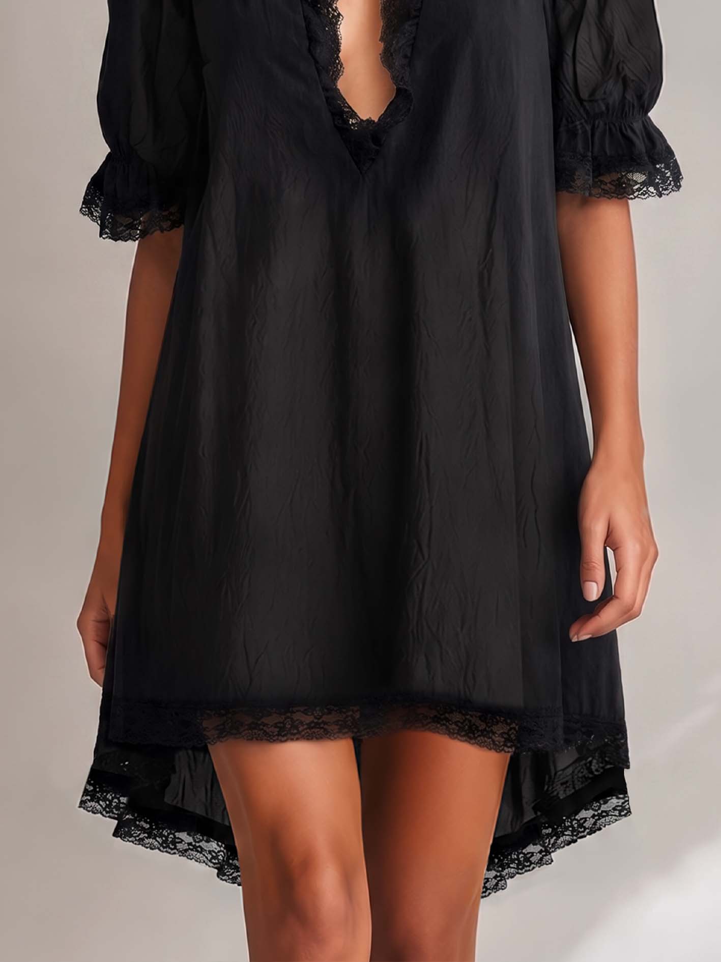 Black Textured Lace Trim Irregular Hem Puff Sleeve Mini Dress