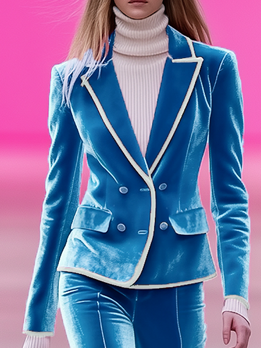 Sky Blue Velvet Blazer With White Trim