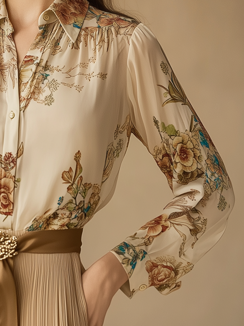 Beige Chiffon Blouse With Mysterious Elegant Flower Print