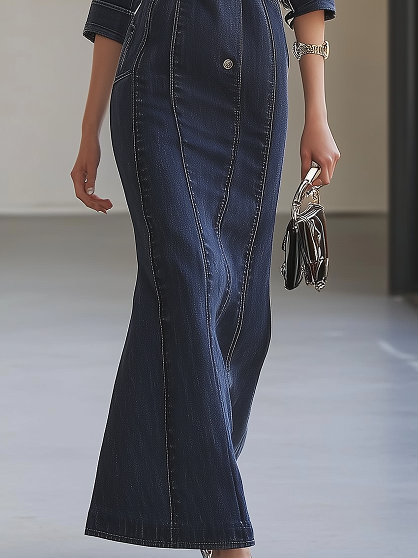 Stylish Denim Maxi Dress With Belt