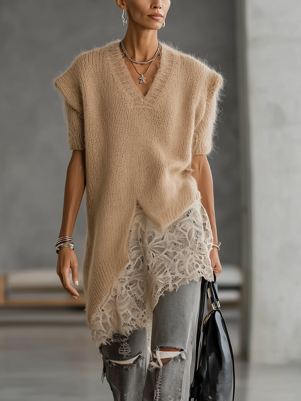 Beige Fuzzy Knit V-Neck Sweater With Lace Asymmetric Hem And Short Sleeves