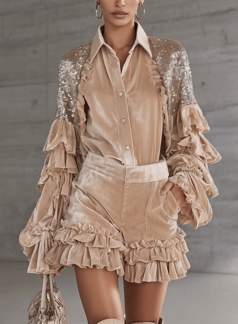 Champagne Velvet Sequin Ruffle Patchwork Two Piece Set