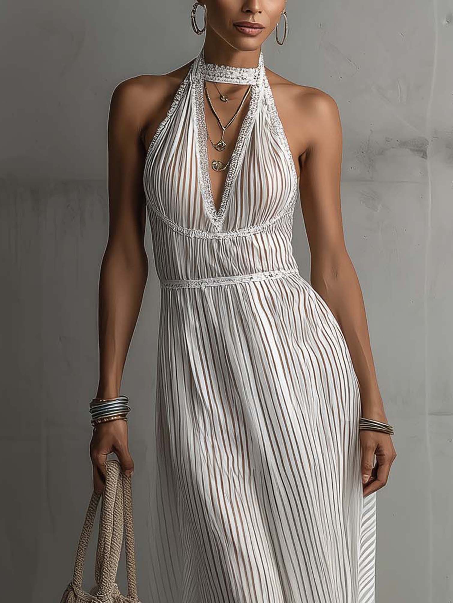 White Lace Trim Pleated Organza Maxi Dress