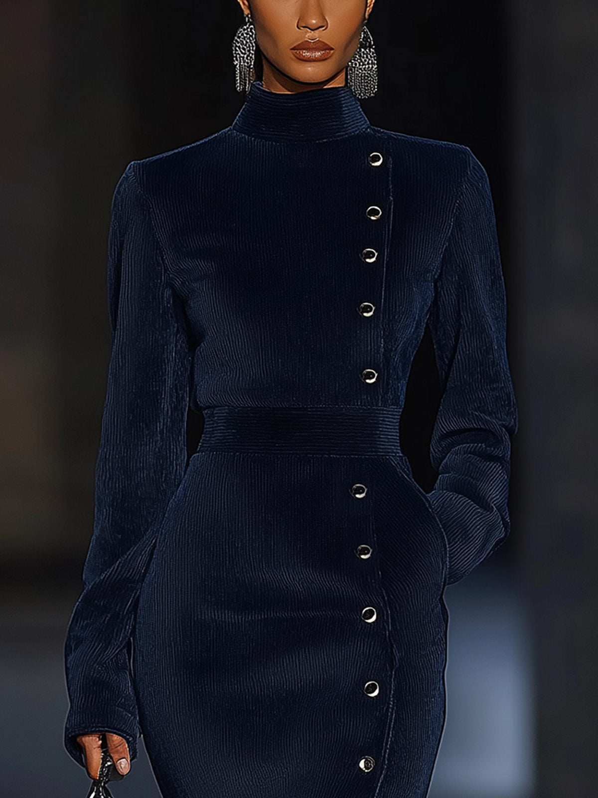 Navy Blue High Slit Button-Down Bodycon Dress