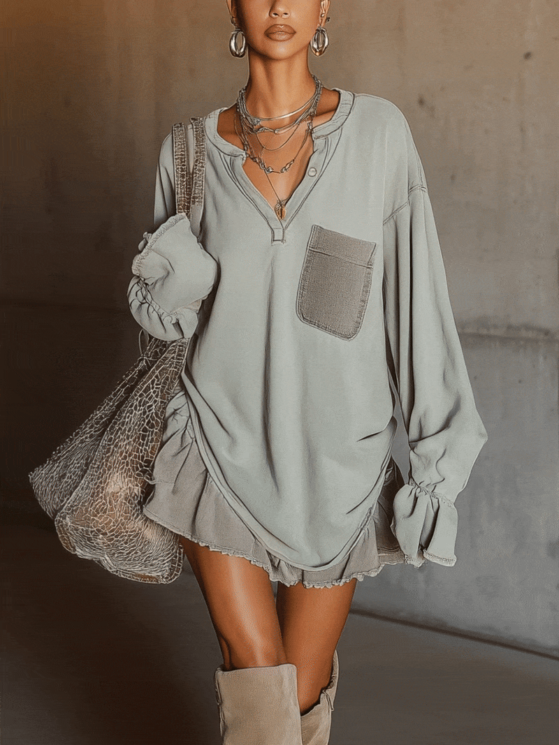 Blue-green Blend Denim V-neck Long-sleeved Loose Mini Dress