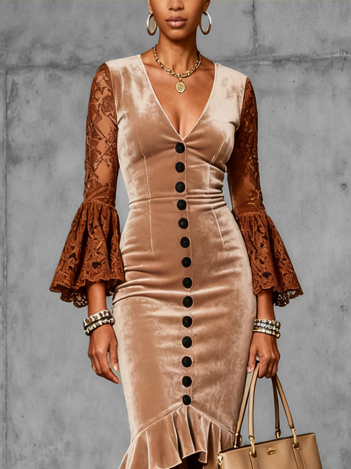 Khaki Elegant Velvet And Lace Ruffle Dress