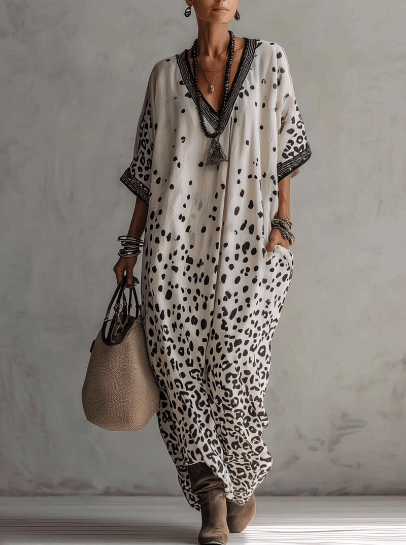 Light Gray Gradient Leopard Print Chiffon Maxi Dress