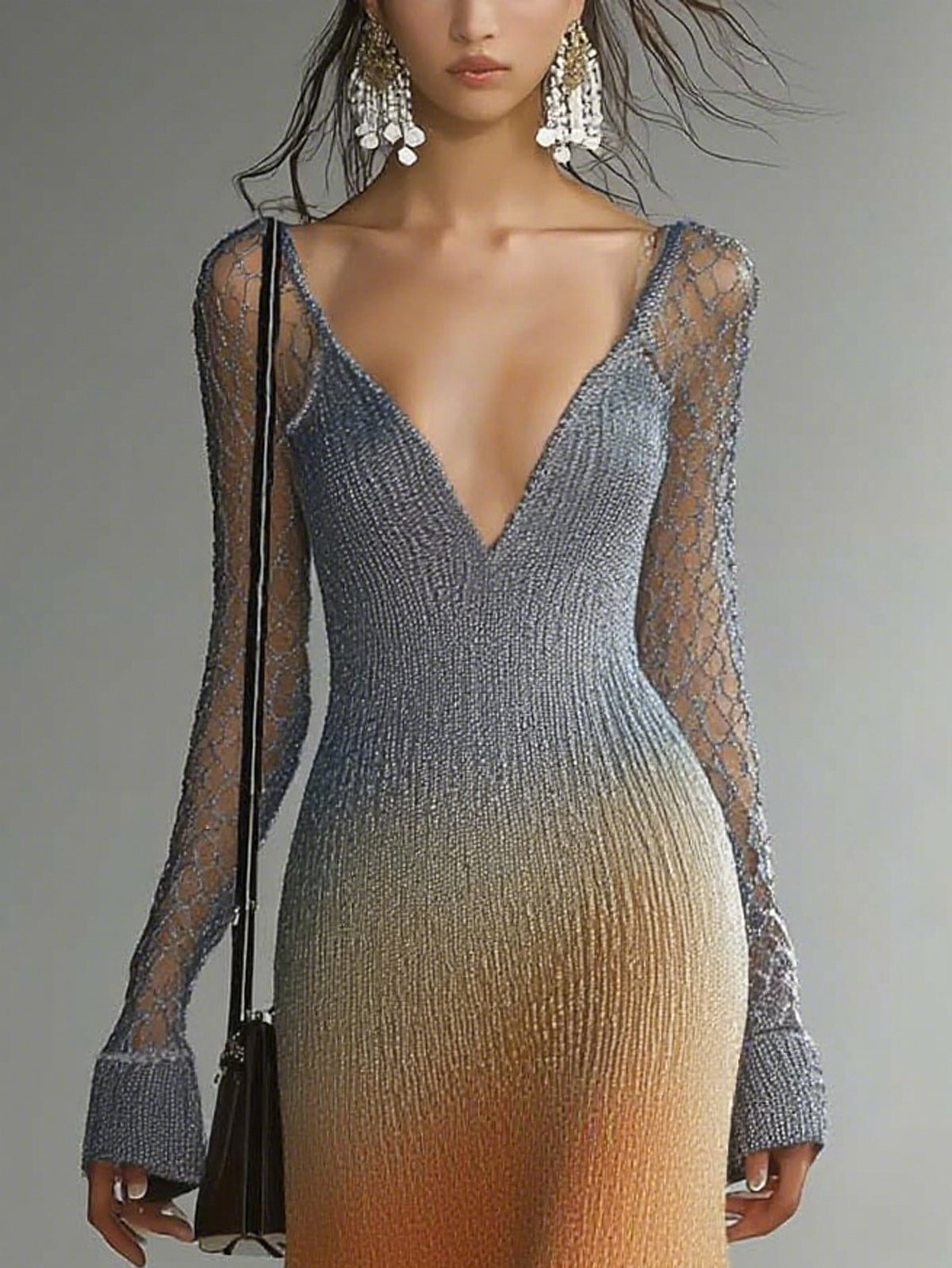 Blue Ombre Knit Gradient Deep V-Neck Sheer Long Sleeve Midi Dress