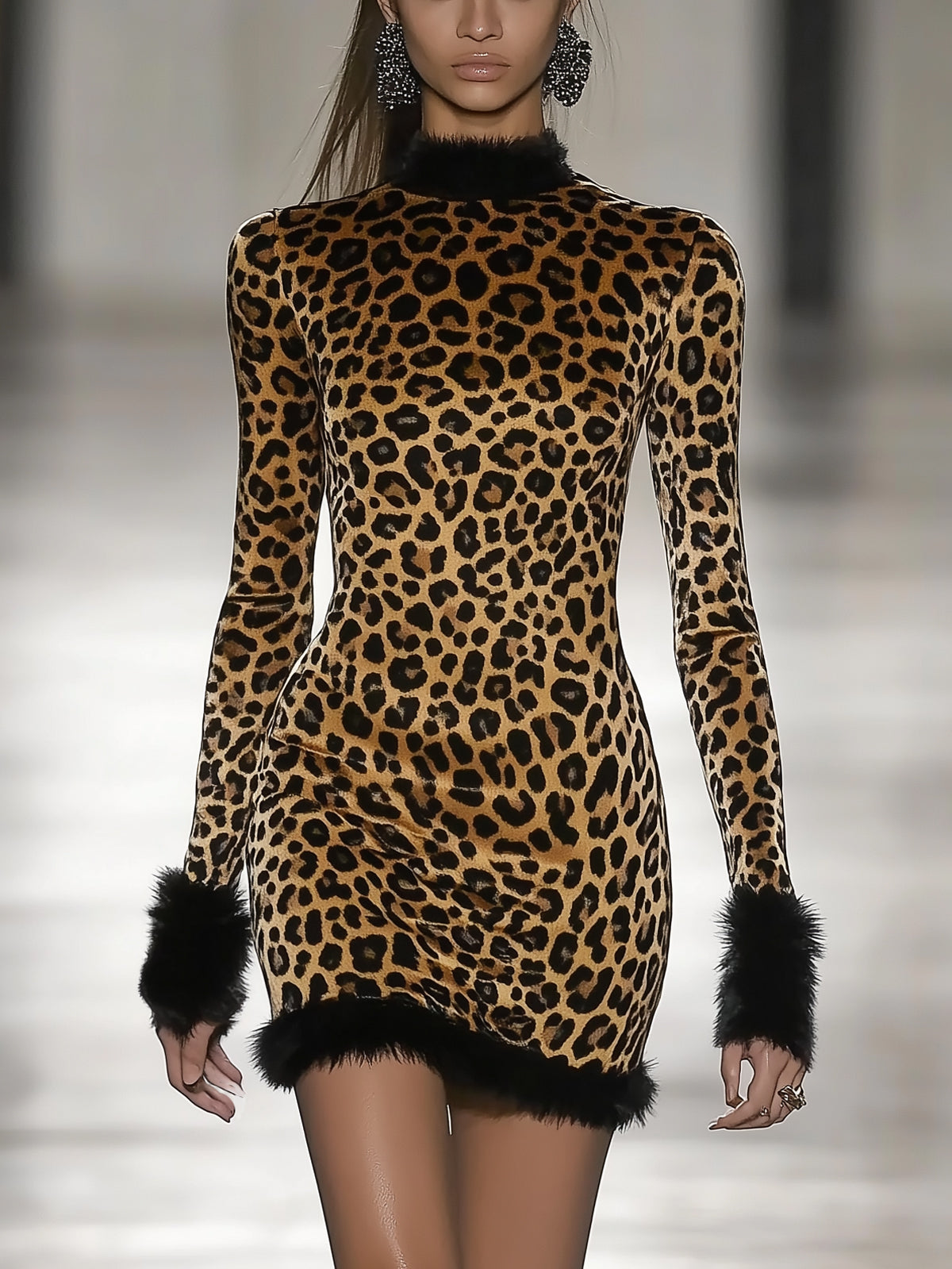 Brown Velvet Leopard Print Faux Fur Trim High Neck Long Sleeve Mini Dress