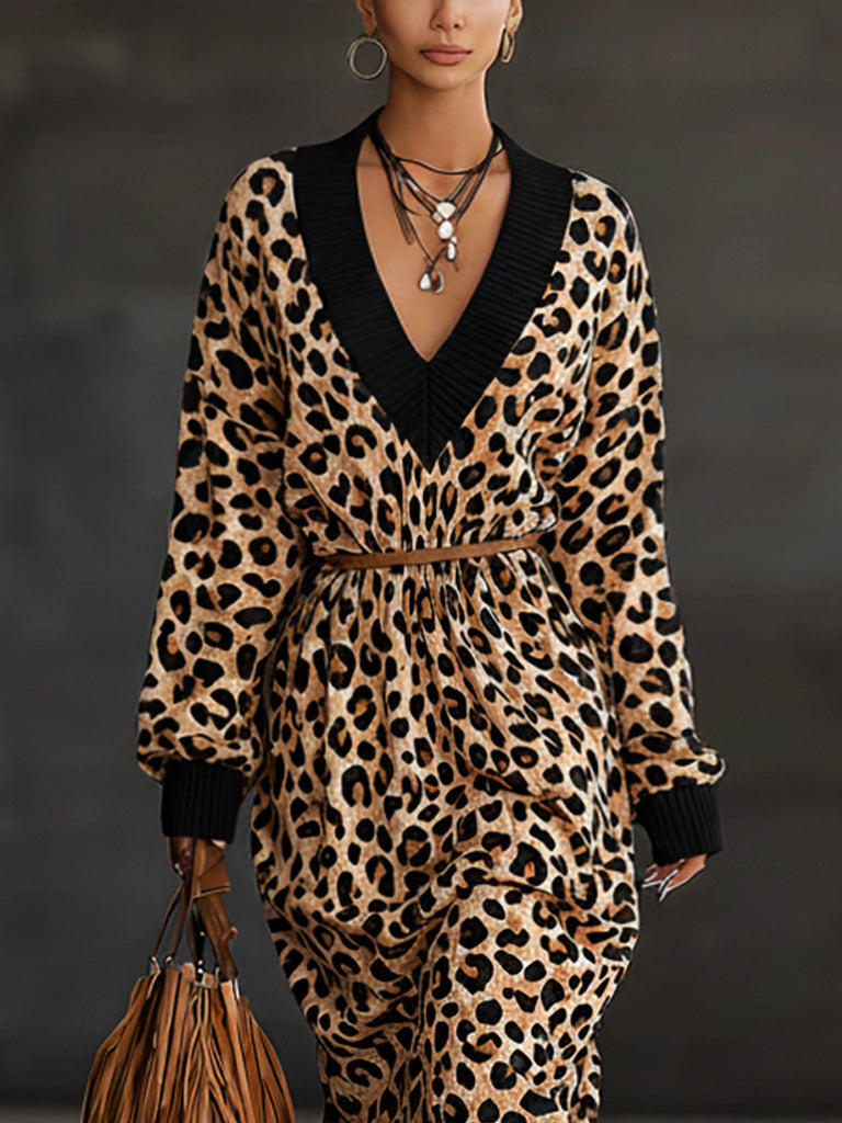 Brown Leopard Print Knit V-Neck Fringe Midi Dress