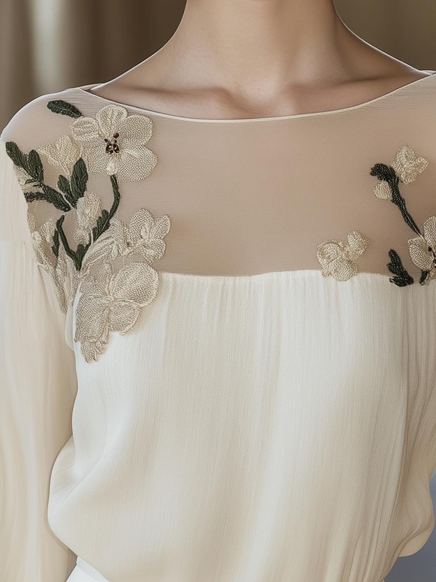 Beige Stitching Shirt With Elegant Floral Embroidery