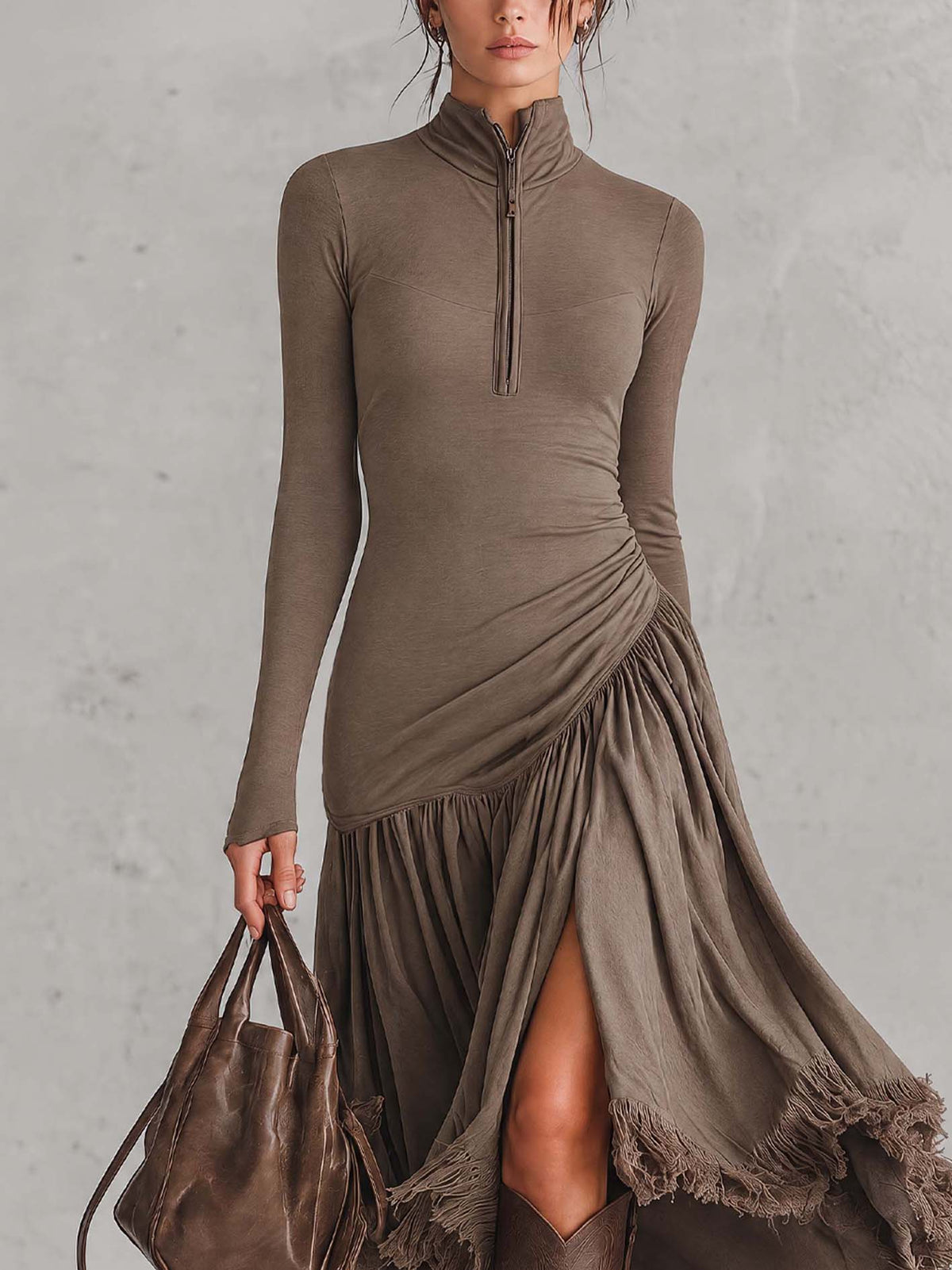 Taupe Bodycon Maxi Dress With Asymmetric Fringe Patchwork Skirt