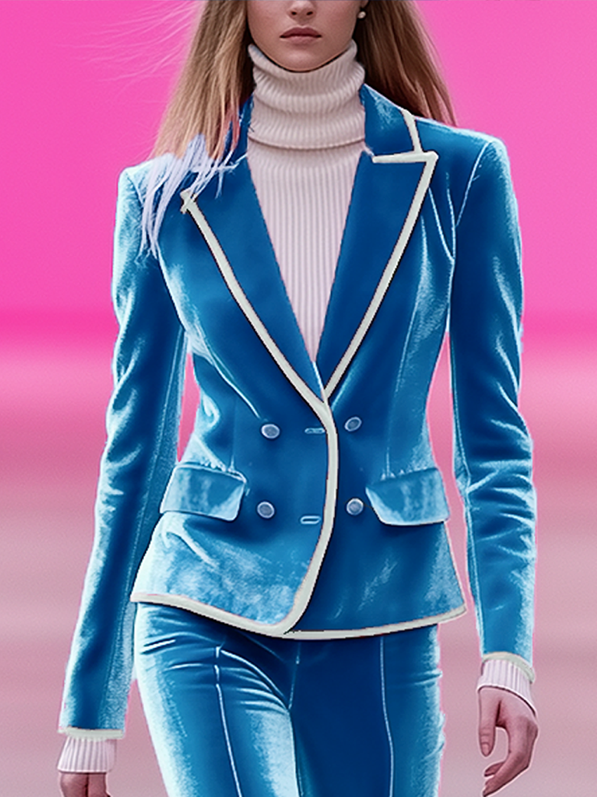 Sky Blue Velvet Blazer With White Trim