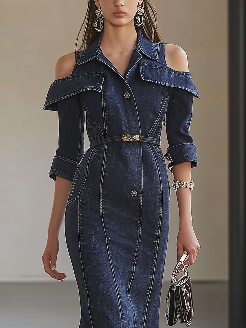 Stylish Denim Maxi Dress With Belt