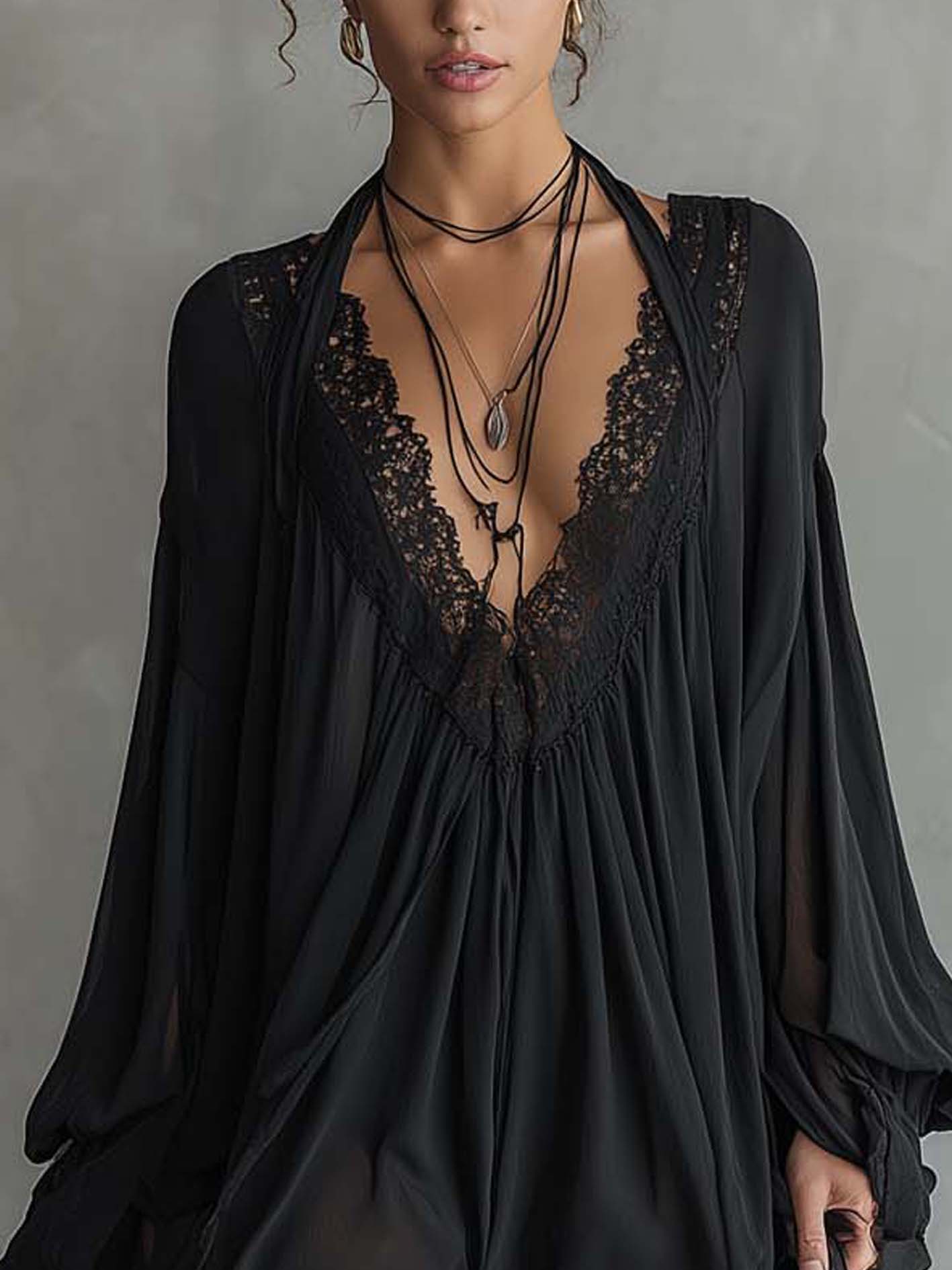 Black Chiffon Halter Mini Dress With Lace Neckline