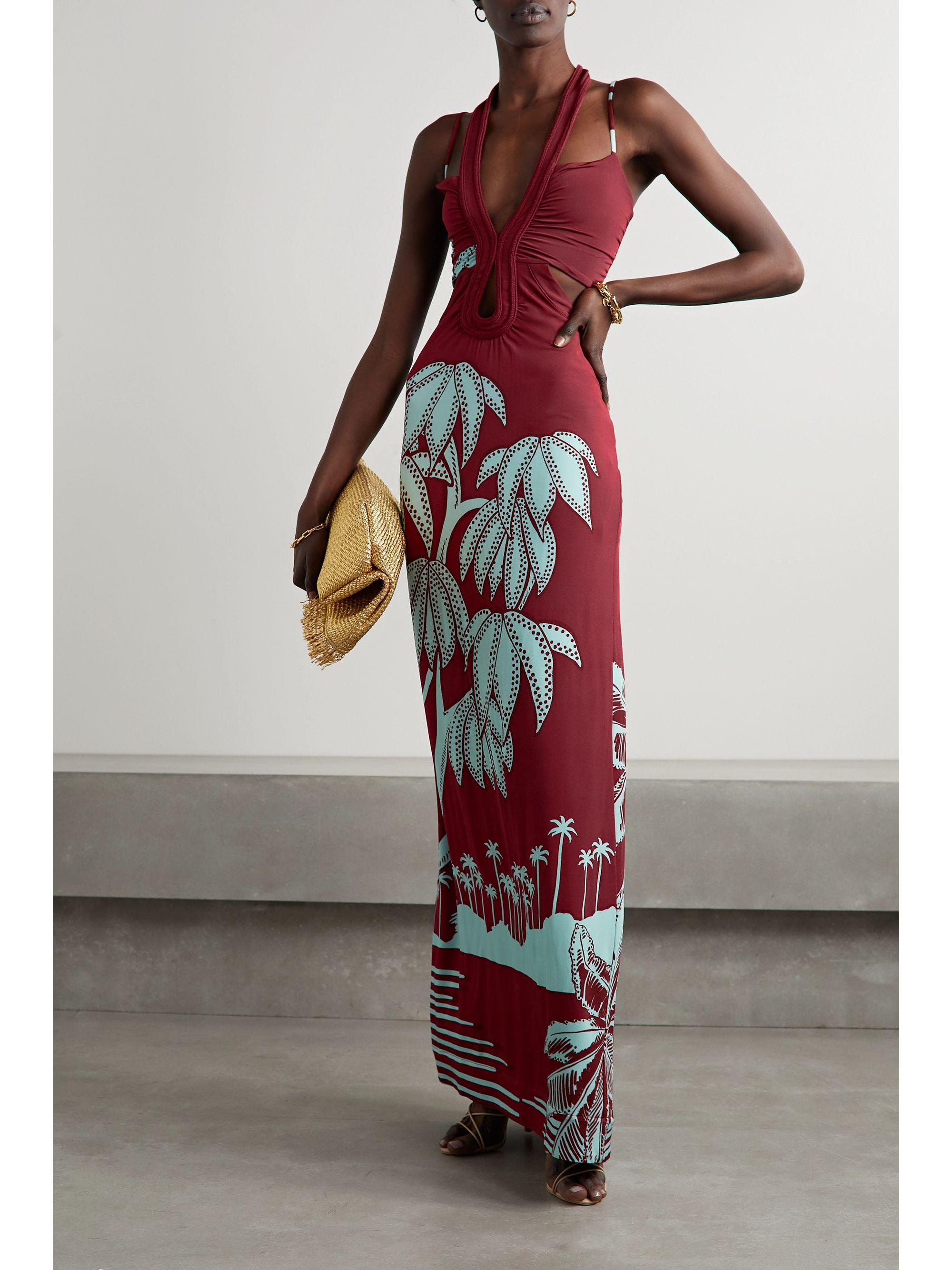 Printed Cutout Stretch Jersey Maxi Dress