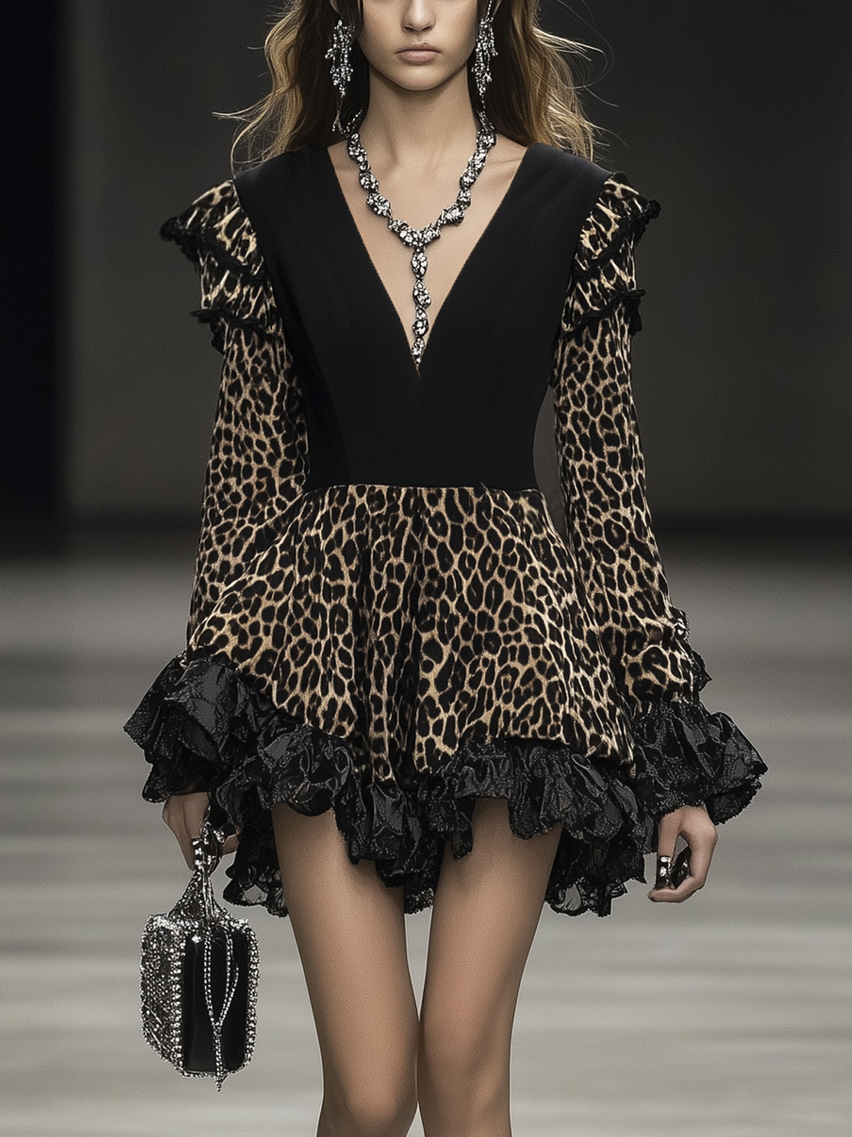 Black Leopard Print Ruffled Deep V-Neck Long Sleeve Mini Dress