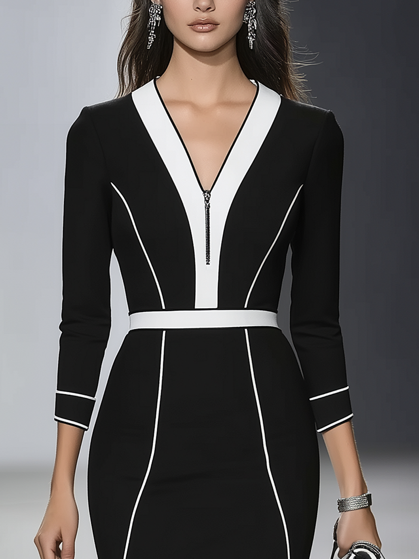 Black Midi Bodycon Dress With White Trim And Zipper