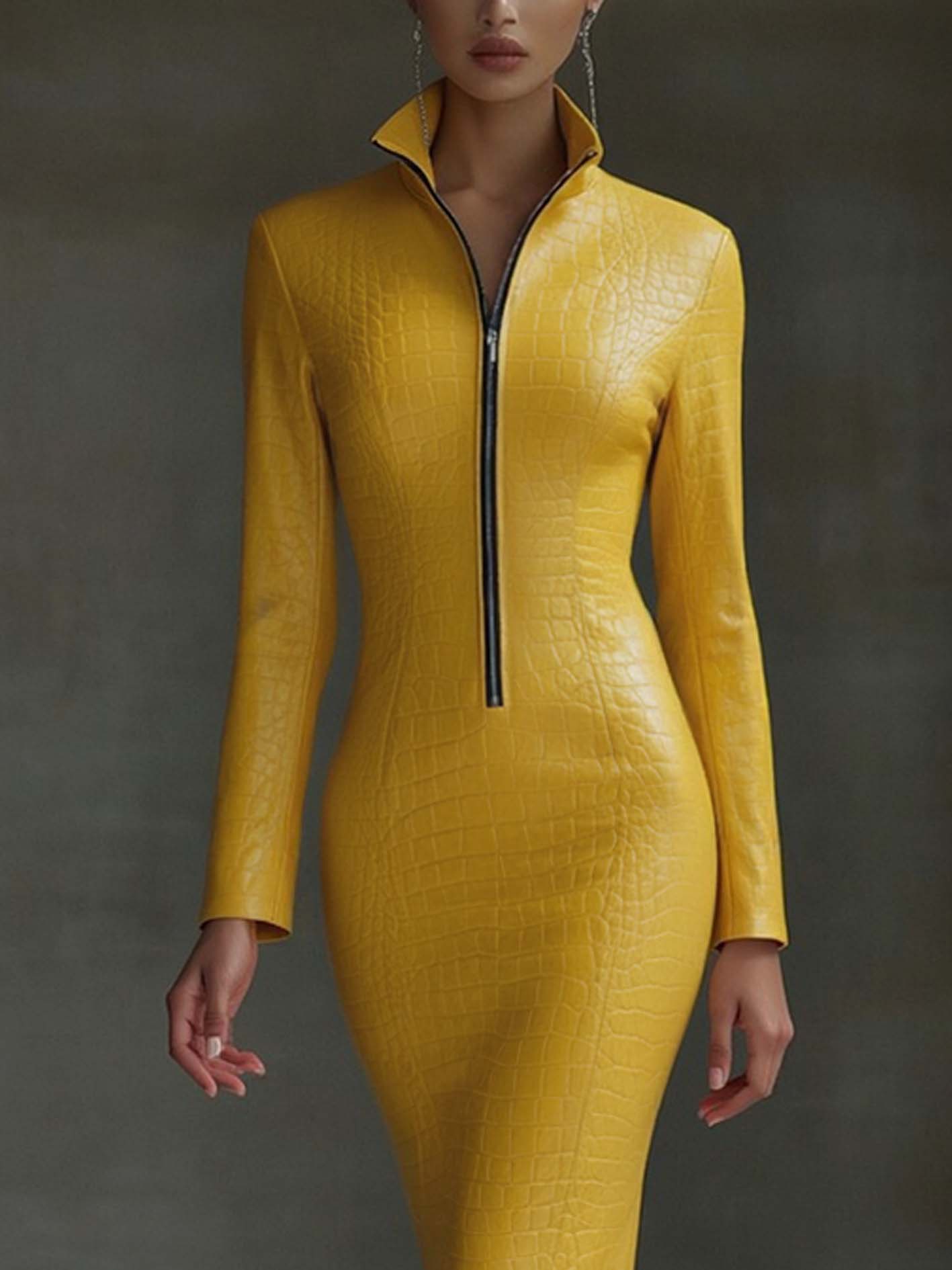 Stylish Yellow Textured Faux Leather Midi Bodycon Dress With Zipper