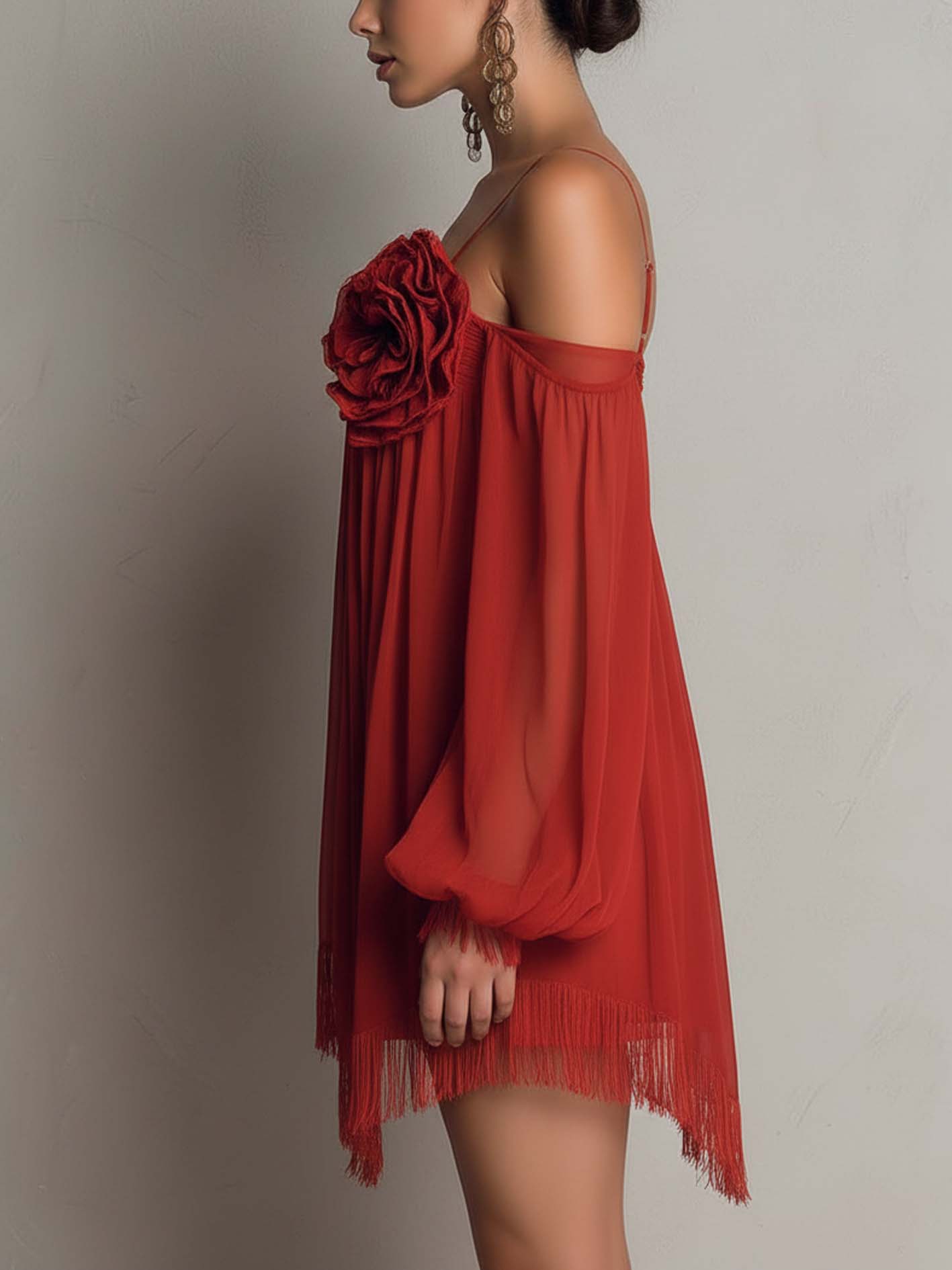 Terracotta Chiffon Off-Shoulder Mini Dress With 3D Floral And Fringe Hem
