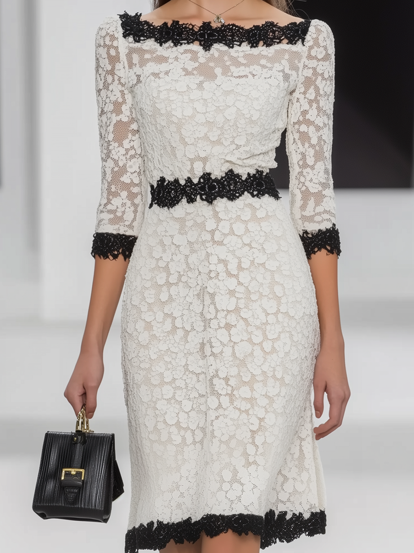 White Lace Midi Dress With Black Lace Trim