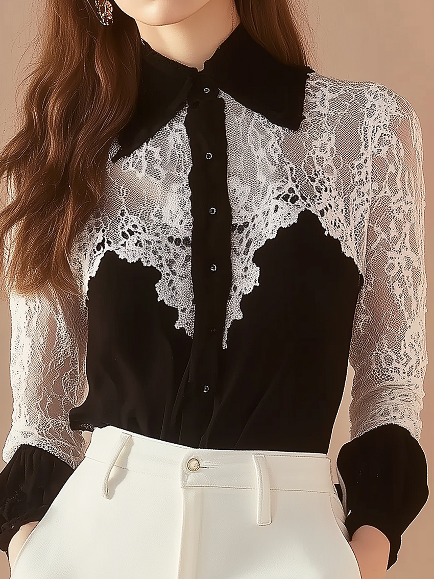 Black Chiffon Blouse With Neckline And Sleeves Stitching White Lace