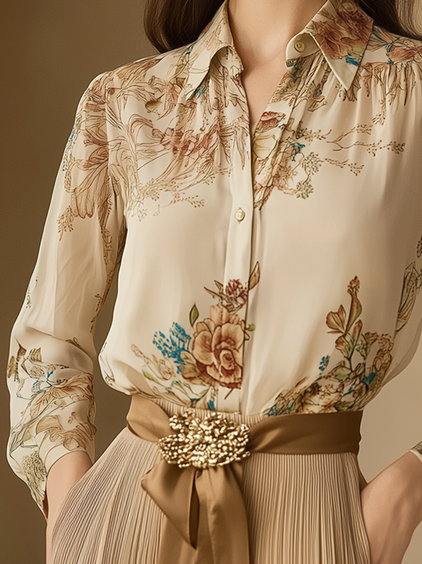 Beige Chiffon Blouse With Mysterious Elegant Flower Print