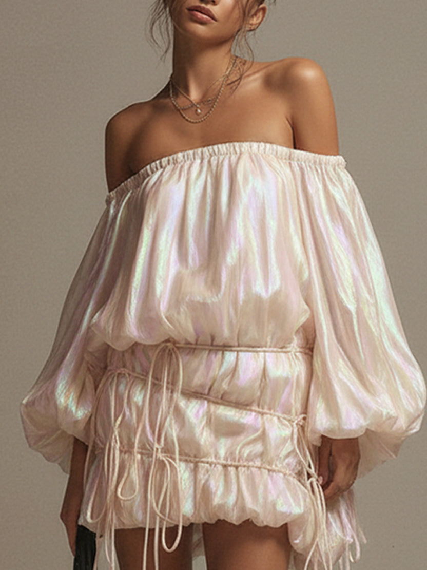 Pale Pink Organza Off Shoulder Mini Dress