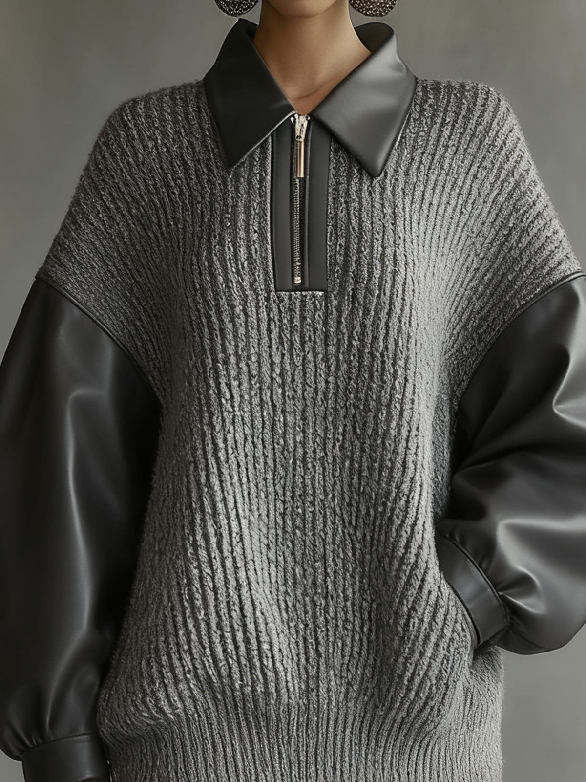 Gray Knitted Mini Dress With Leather Sleeves And Zippered Collar